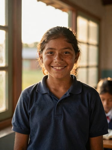 Warm environmental portrait of a smiling young student in a rural Colombian school, golden-hour sunlight filtering through window, shallow depth of field.