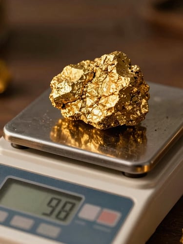 Macro detail shot of raw gold ore being weighed on a calibrated digital scale, warm editorial photography, natural golden-hour sunlight, rich dark tones