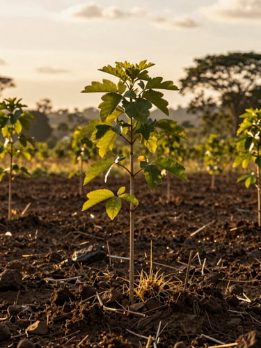 Fotografía editorial de un bosque joven reforestado en el Bajo Cauca, árboles nativos creciendo bajo la cálida luz dorada de la tarde, suelo fértil recuperado.