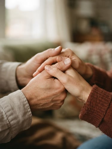 Close-up of supportive hands gently holding each other, soft natural window light, muted warm earth tones, shallow depth of field, 35mm
