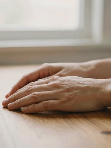 Close-up of supportive hands resting on a warm wooden table, soft diffused window lighting, shallow depth of field, 35mm