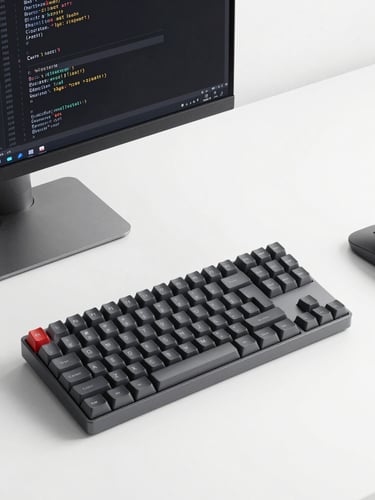 Crisp studio light, clean overhead desk setup with a mechanical keyboard and a monitor displaying elegant HTML and CSS code, minimal charcoal aesthetic.