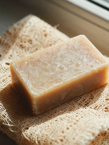 Close-up of a solid shampoo bar resting on a natural loofah, warm afternoon sunlight, earthy muted tones, tactile textures, 35mm film