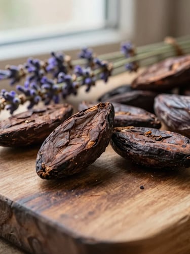 Macro shot of raw cacao chunks and lavender sprigs resting on a rustic wooden board, soft warm window light, tactile textures, earthy tones