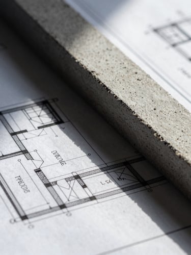 Macro close-up of architectural blueprints layered over raw concrete texture, sharp geometric lines, dramatic high-contrast shadows, cool daylight.