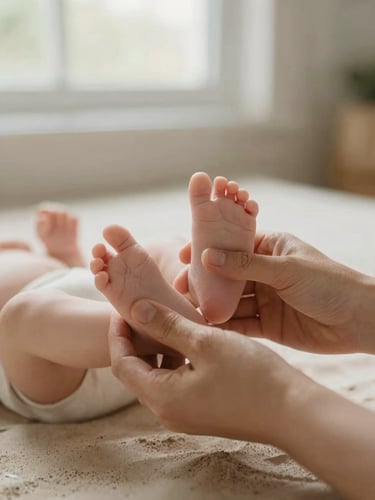 Close-up of gentle hands supporting a tiny infant's feet during a developmental movement session, soft natural window light, warm sand and sage tones, 35mm photography