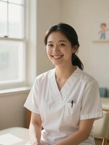 A professional female pediatric therapist smiling warmly in a soft-lit, peaceful therapy room, natural window light, warm cream background, shallow depth of field, 35mm
