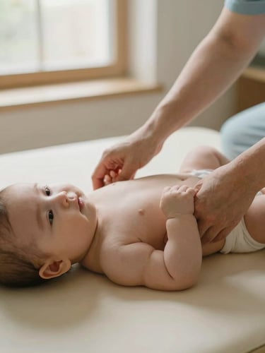 A close-up of a physical therapist gently guiding an infant's motor movement on a soft cream mat, warm natural window light, 35mm