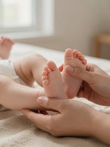 Close-up of a therapist's gentle hands supporting a baby's feet on a soft sand-colored blanket, warm natural light, shallow depth of field.