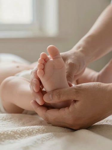 Close-up of a physical therapist's gentle hands supporting a baby's feet on a soft cream blanket, warm natural window light, shallow depth of field