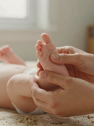 Close-up of gentle hands supporting an infant's feet during a developmental movement exercise, soft natural daylight, warm sand tones, 35mm photography