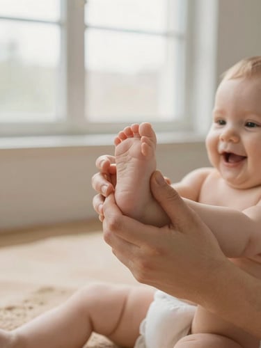 Close-up of a pediatric physical therapist's gentle hands supporting a happy infant's feet during a developmental motor exercise, soft morning window light, warm sand tones, shallow depth of field