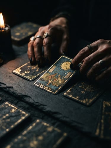 Extreme close-up of hands handling dark textured tarot cards on a black slate table, candlelight casting dramatic chiaroscuro shadows, antique gold details, 35mm film grain