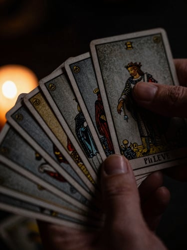 Extreme close-up of dark textured tarot cards being handled by hands, low candlelight, dramatic chiaroscuro lighting, deep blacks and antique gold accents
