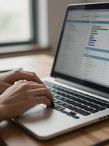 Close-up of hands typing on a laptop keyboard in a small business office, natural window light from the left, a half-visible analytics dashboard on screen