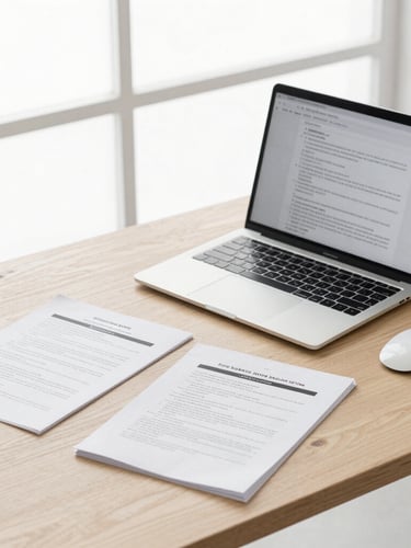 A clean minimalist modern workspace with a sleek laptop and organized legal documents on a light oak desk, bright natural overcast daylight, cool corporate tones, sharp focus.