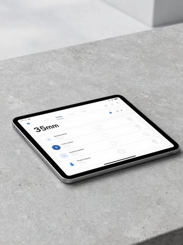 A sleek digital interface displayed on a tablet resting on a minimalist concrete workspace, overcast daylight, sharp focus, 35mm lens.