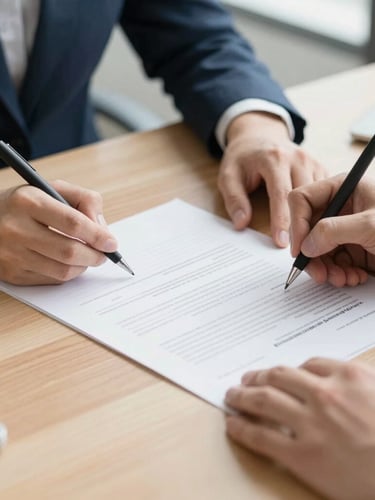 A close-up of hands signing incorporation documents on a clean wooden desk, bright natural daylight, cool corporate tones, sharp focus.