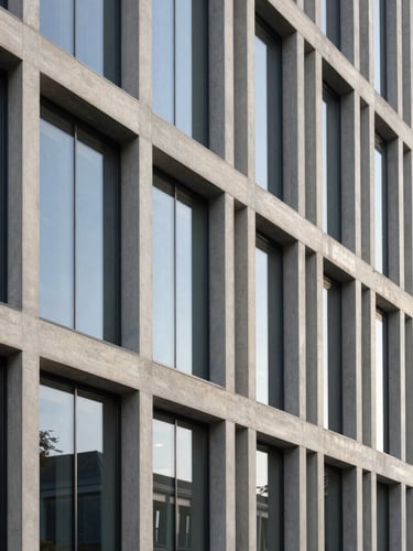 Sober minimalist architectural detail of a modern office facade in Wiesbaden, clean geometric concrete lines, structured glass panels, soft diffused morning light, vertical composition.