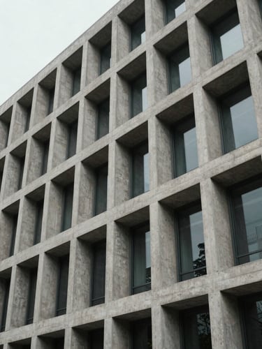 Sober architectural perspective of a modern concrete office building facade, sharp geometric lines, soft overcast daylight, minimal composition.
