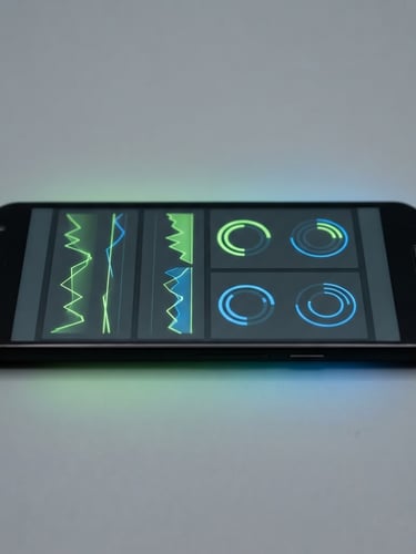 Macro studio shot of a physical budget Android smartphone lying flat, showing a crisp, high-contrast Material Design utility interface with vibrant green accents, subtle electric blue ambient glow, sharp focus, 50mm lens