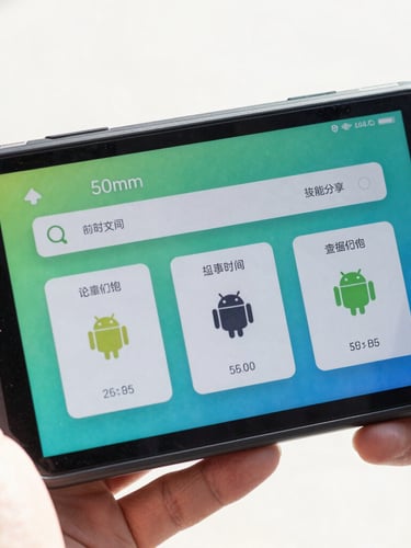 Close-up of a rugged Android handheld device displaying a high-contrast utility app interface, held in a hand under direct sunlight, sharp focus, 50mm lens.