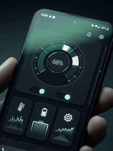 Macro shot of a modern Android smartphone displaying a clean, dark-mode utility app interface, cool studio lighting, subtle green ambient glow reflecting on the screen, crisp pixel-perfect UI details.