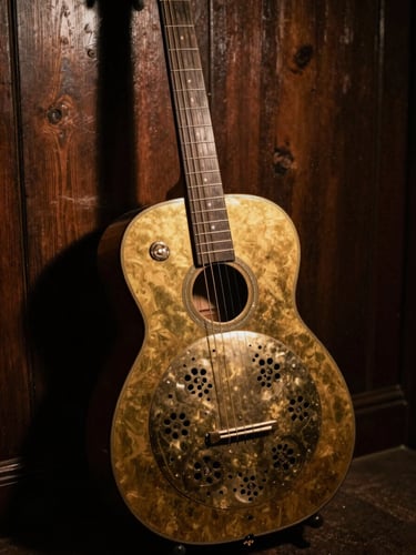 Close-up of a vintage brass-bodied resonator guitar leaning against a dark wooden wall, warm spotlight casting deep shadows, dust motes in the air