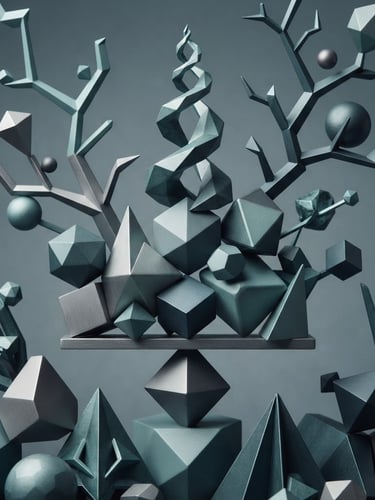 Abstract 3D geometric shapes representing balance and growth, in desaturated slate and teal tones, under crisp studio light.
