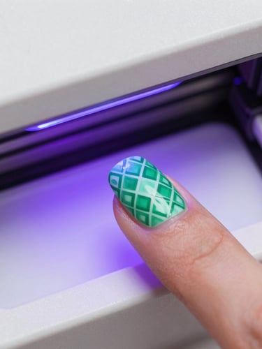 Macro close-up of a finger inside a sleek white UV-printing chamber, bright violet light curing an intricate green and mint geometric pattern onto the nail, sharp focus