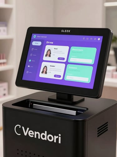 Sleek matte-black Vendori DIY nail printing kiosk standing in a modern retail space, vibrant touchscreen interface glowing with violet and mint UI.