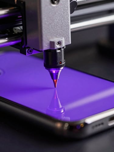 Macro close-up of a high-precision UV printer nozzle applying a vibrant custom design onto a phone case, glowing violet light, modern tech aesthetic.