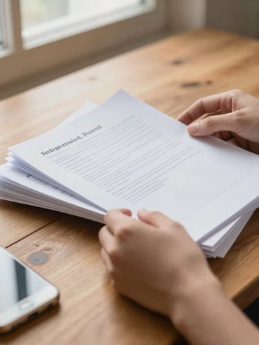 A close-up of hands organizing clean personal documents and a smartphone on a warm wooden table, soft natural window light, authentic everyday setting, 35mm lens.