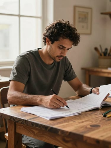 A focused Brazilian small business owner organizing documents at a wooden table in a sunlit workshop, warm natural light, authentic lifestyle photography