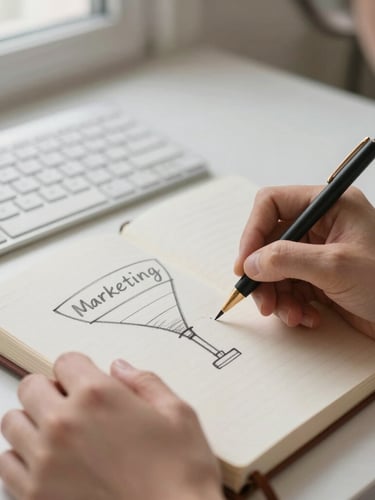 Close-up of hands sketching a marketing funnel in a physical notebook next to a keyboard, soft natural light, muted neutral background, shallow depth of field