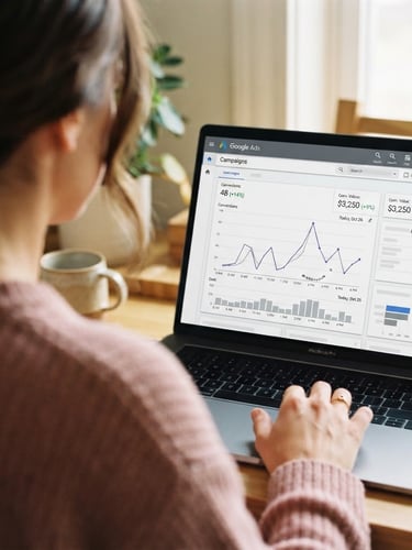 Over-the-shoulder macro shot of a live Google Ads dashboard showing real-time conversion graphs, soft natural light, warm neutral tones, 35mm