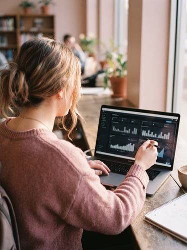 Candid over-the-shoulder shot of a student analyzing a live analytics dashboard on a laptop, soft morning window light, warm desaturated pink tones, 35mm photography
