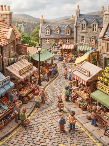 A vibrant 3D claymorphic render of a miniature Aberdeen market street, isometric perspective, soft studio lighting on warm granite and gorse colored stalls, clean clay textures, high-quality isometric composition.