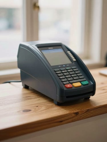A close-up of a physical merchant terminal on a clean wooden counter, warm natural window light, 35mm photography