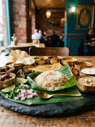 A beautifully plated traditional Godavari thali on a dark slate plate, warm ambient restaurant lighting, gold accents, close-up shot, 35mm