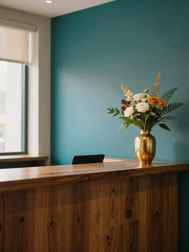Warmly lit hotel lobby corner with a polished wooden concierge desk, a gold vase with local flowers, elegant minimal decor, 35mm