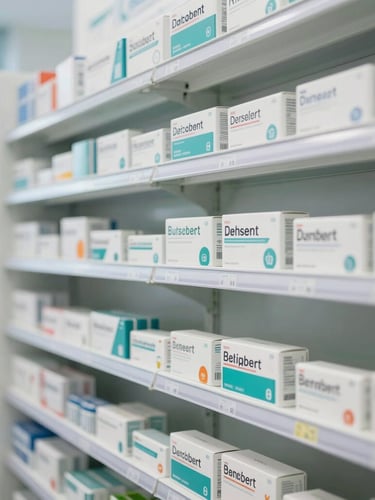 Organized clean pharmacy shelves with white and teal medicine packaging, bright natural lighting, professional setting, 35mm