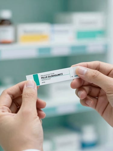 Close-up detail of a pharmacist hands holding a clean generic medicine strip, bright clean lighting, soft teal background, professional focus
