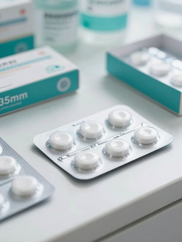 Bright clean close-up of certified medicine blister packs on a white clinical counter, soft daylight, medical teal accents, sharp focus, 35mm