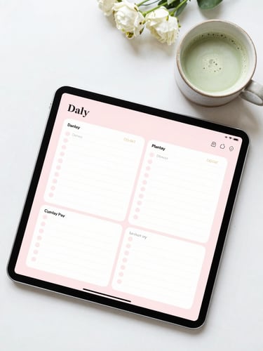 styled overhead flatlay of an iPad displaying a pastel pink daily planner next to a ceramic cup of matcha, bright diffused natural light, fresh flowers in background