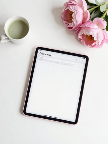 Overhead flatlay of a pastel pink iPad displaying a digital planner with habit trackers, styled next to a cup of morning matcha and fresh pink peonies on a clean white desk, bright diffused natural daylight.