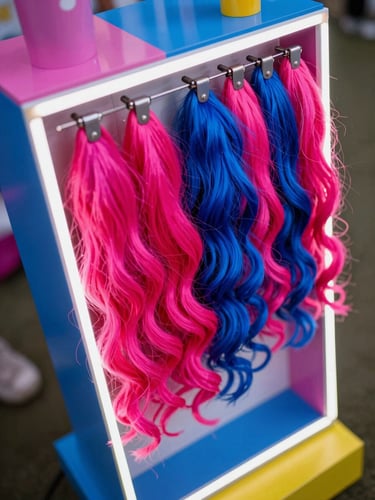 High-angle shot of a colorful JALEII stand setup with neon hair extensions, bright party lighting, 35mm lens