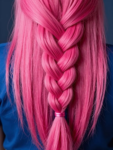 Close-up of vibrant pink Kanekalon hair extensions being braided, soft studio lighting, rich fuchsia tones, sharp detail