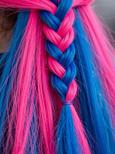 Close-up of vibrant Kanekalon ponytail with neon pink and electric blue strands woven together, dynamic studio lighting, rich saturated colors, sharp detail