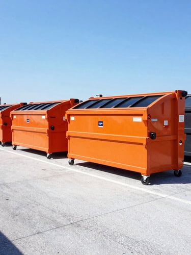 Wide-angle shot of a clean, branded roll-off dumpster yard in Orlando, Florida, with several safety-orange dumpsters neatly stacked, under bright direct Florida sunlight, crisp shadows. A professional driver in high-visibility gear is visible near a truck, ready for dispatch.